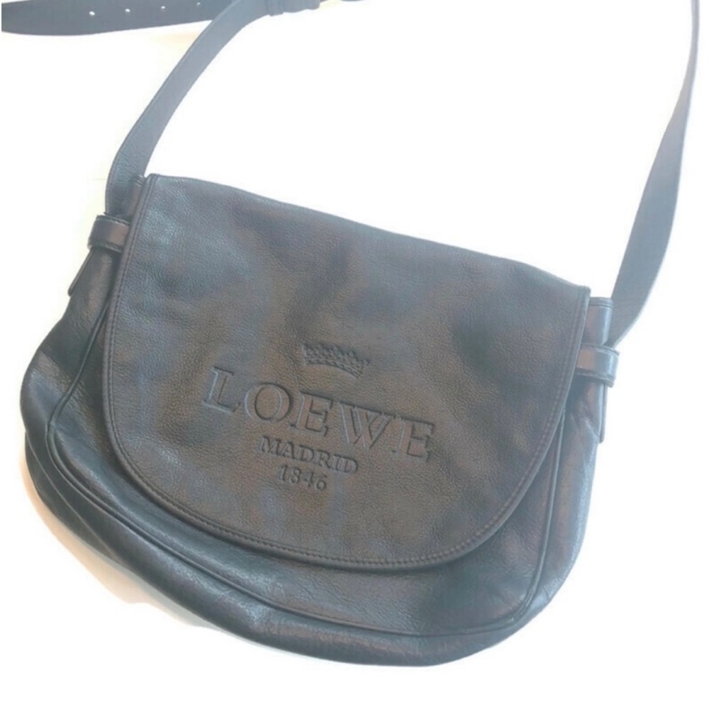 Vintage Loewe Heritage Messenger Bag Black Leather XL Logo Crossbody Spain - Picture 4 of 14